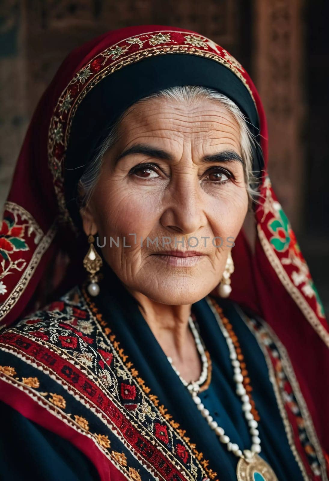 A mature Tajik woman 75 years old, gazes directly showcasing intricate traditional attire, rich cultural heritage of her nationality, evoking wisdom and grace. Brunette woman, wearing a headscarf. AI
