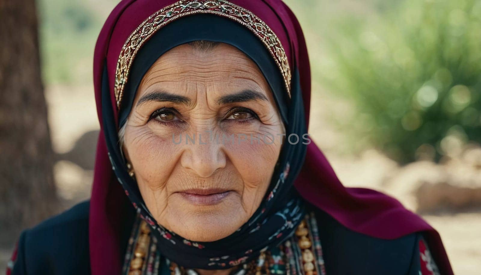 A mature Tajik woman 75 years old, gazes directly showcasing intricate traditional attire, rich cultural heritage of her nationality, evoking wisdom and grace. Brunette woman, wearing a headscarf. AI