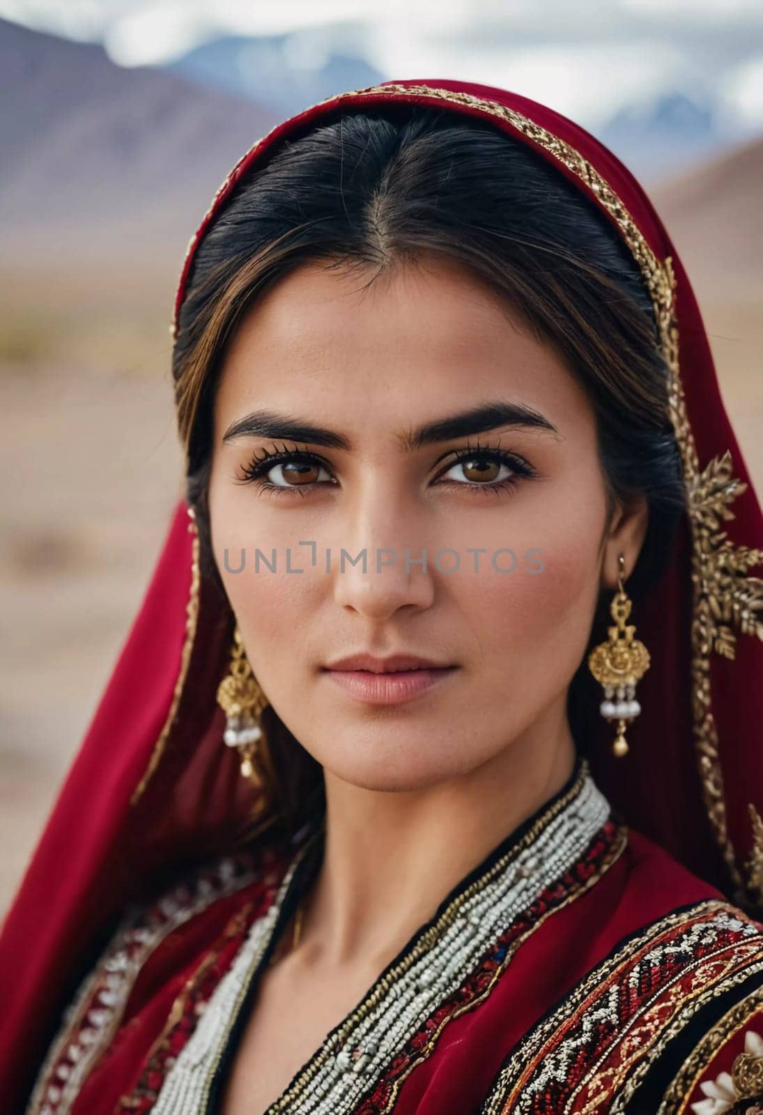 A Tajik woman 30 years old stands gracefully, showcasing her traditional attire against a breathtaking backdrop of mountains and lush green fields, reflecting her cultural roots. Generated by AI.