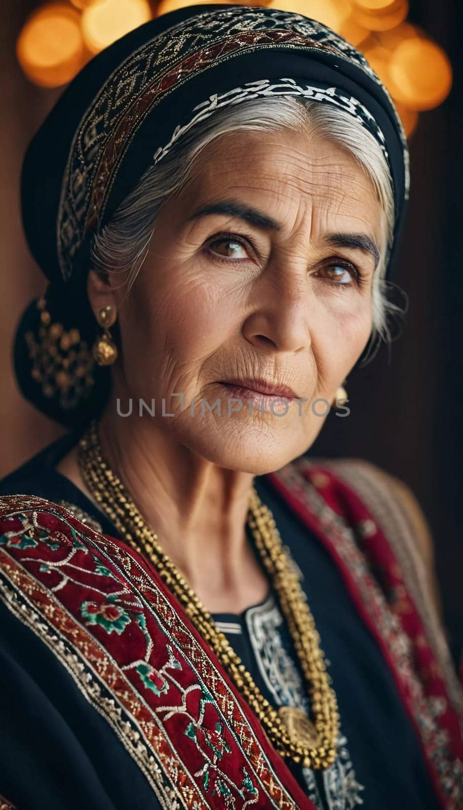 A mature Tajik woman 75 years old, gazes directly showcasing intricate traditional attire, rich cultural heritage of her nationality, evoking wisdom and grace. Brunette woman, wearing a headscarf. AI