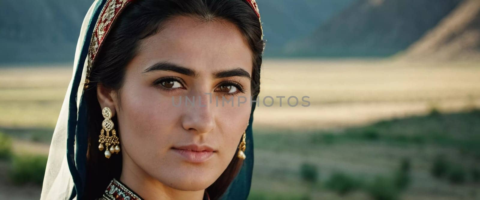A Tajik woman 30 years old stands gracefully, showcasing her traditional attire against a breathtaking backdrop of mountains and lush green fields, reflecting her cultural roots. Generated by AI.
