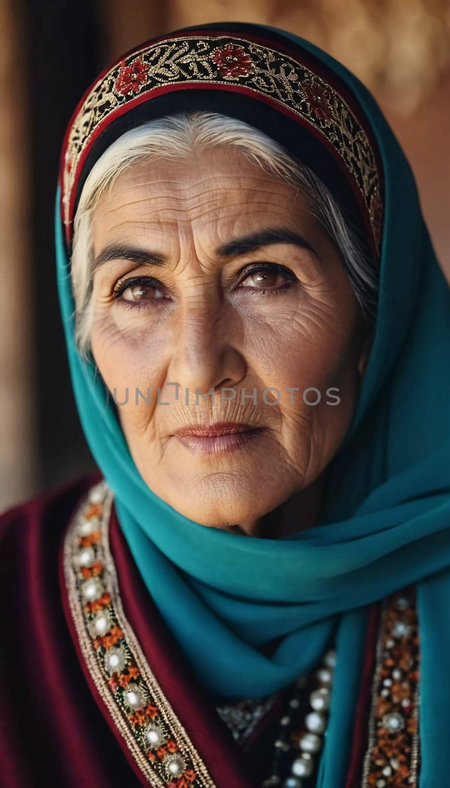 A mature Tajik woman 75 years old, gazes directly showcasing intricate traditional attire, rich cultural heritage of her nationality, evoking wisdom and grace. Brunette woman, wearing a headscarf. AI