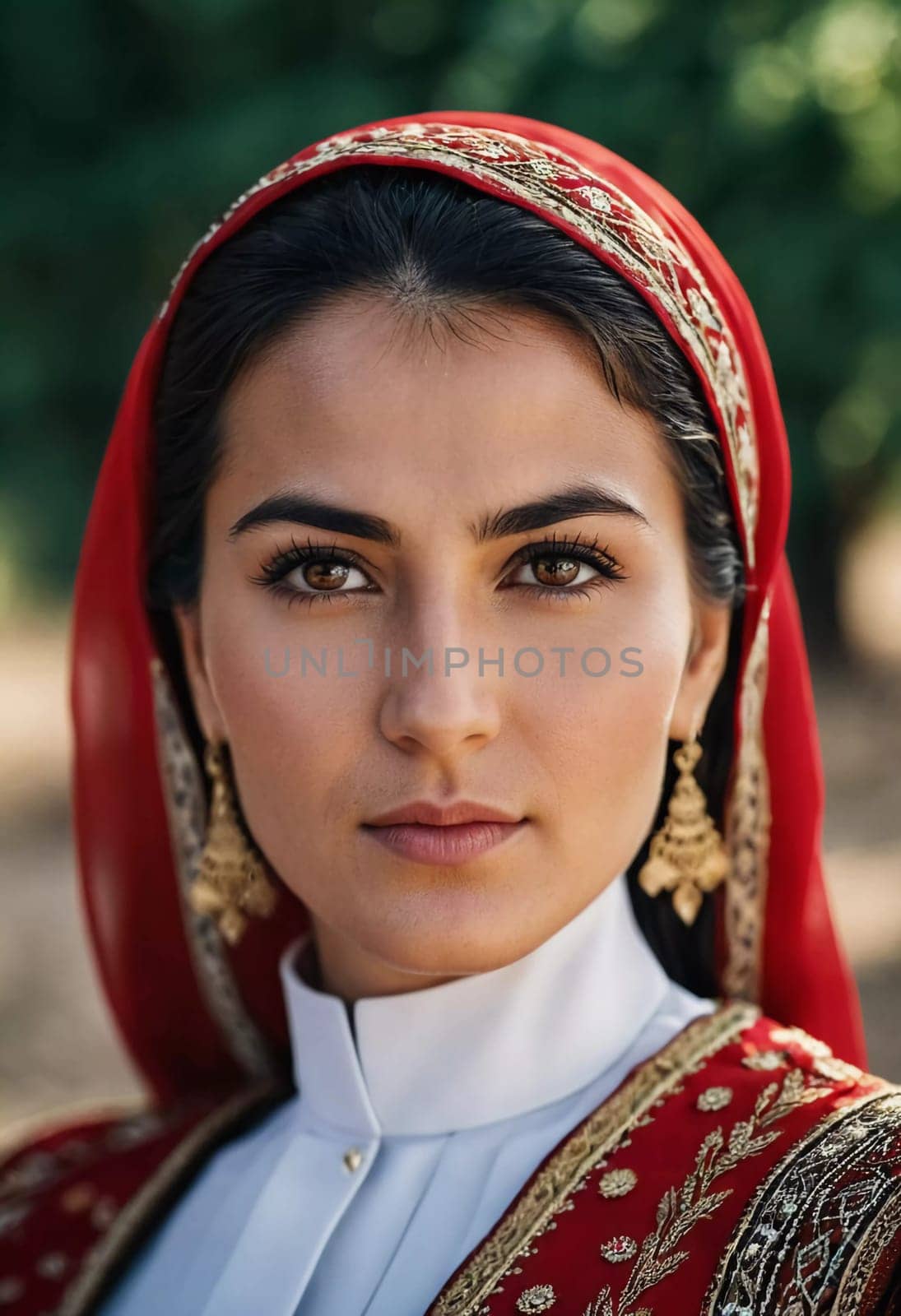 A Tajik woman 30 years old stands gracefully, showcasing her traditional attire against a breathtaking backdrop of defocused lush greenery, reflecting her cultural roots. Generated by AI.