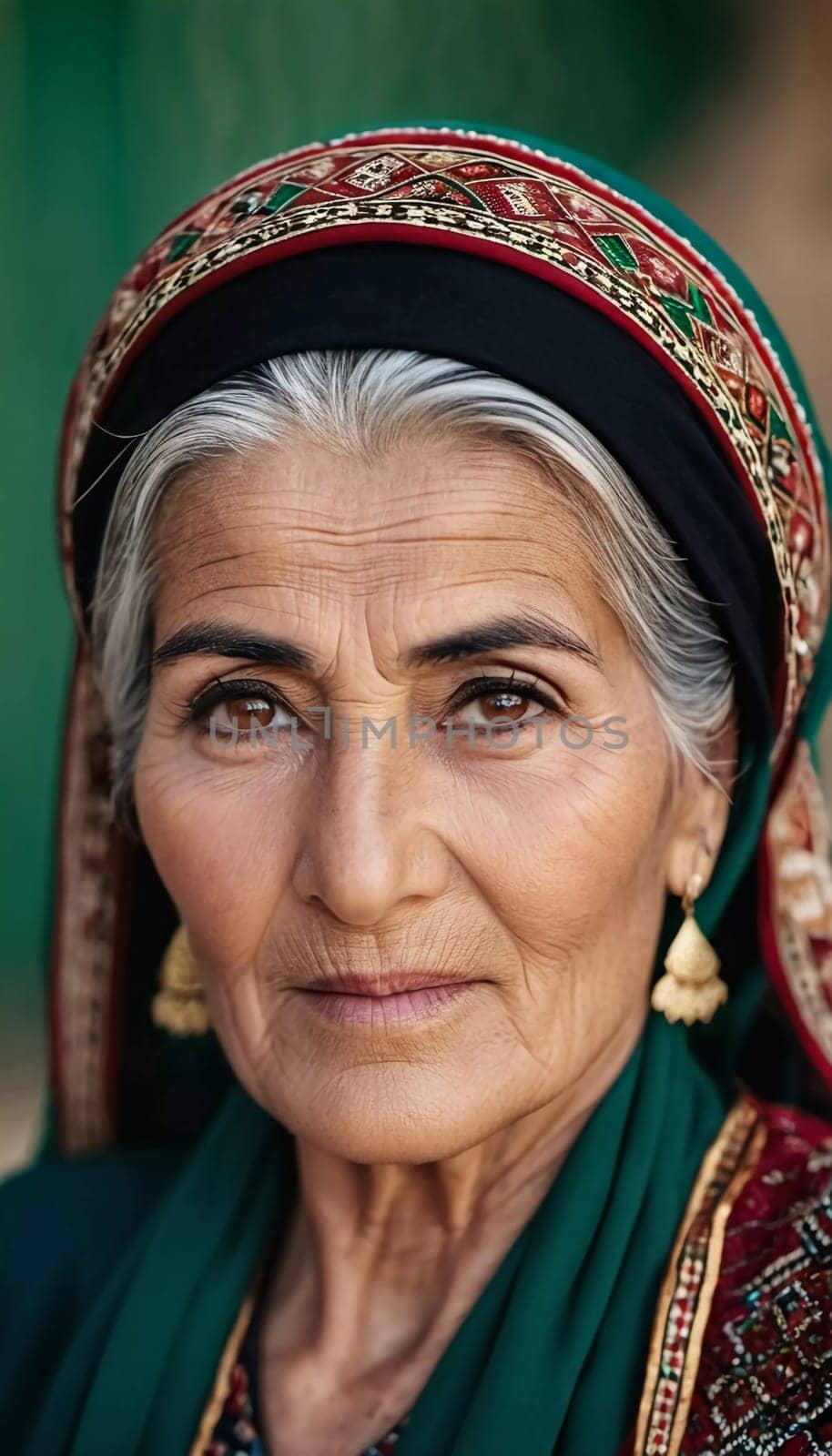 A mature Tajik woman 75 years old, gazes directly showcasing intricate traditional attire, rich cultural heritage of her nationality, evoking wisdom and grace. Brunette woman, wearing a headscarf. AI