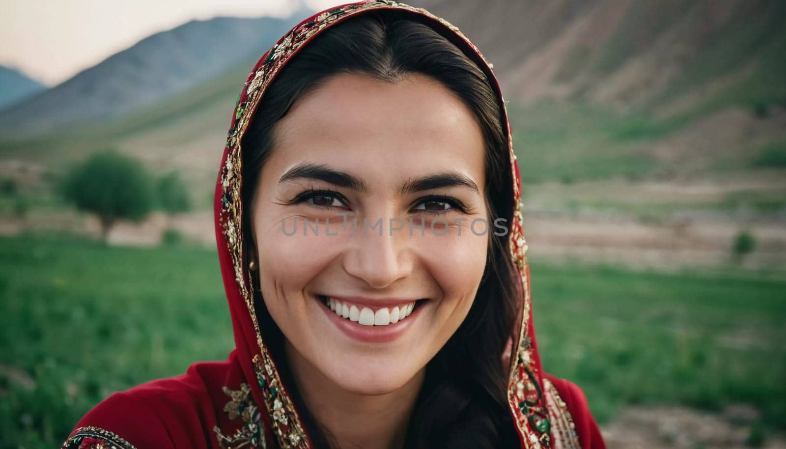 A Tajik woman 30 years old stands gracefully, showcasing her traditional attire against a breathtaking backdrop of mountains and lush green fields, reflecting her cultural roots. Generated by AI.