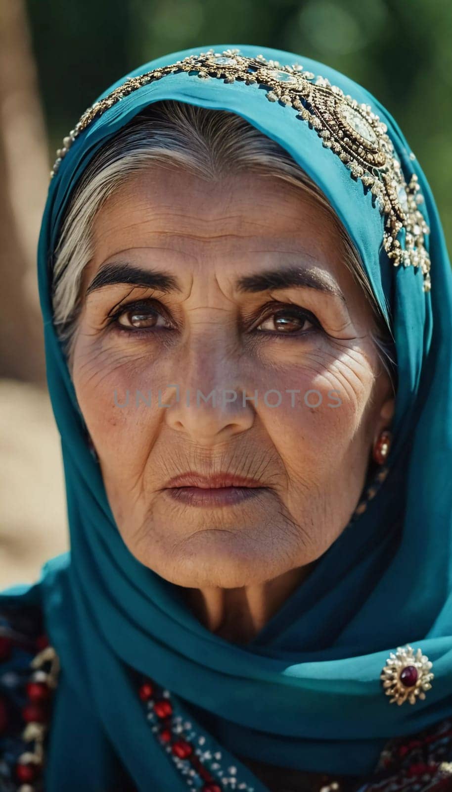 A mature Tajik woman 75 years old, gazes directly showcasing intricate traditional attire, rich cultural heritage of her nationality, evoking wisdom and grace. Brunette woman, wearing a headscarf. AI