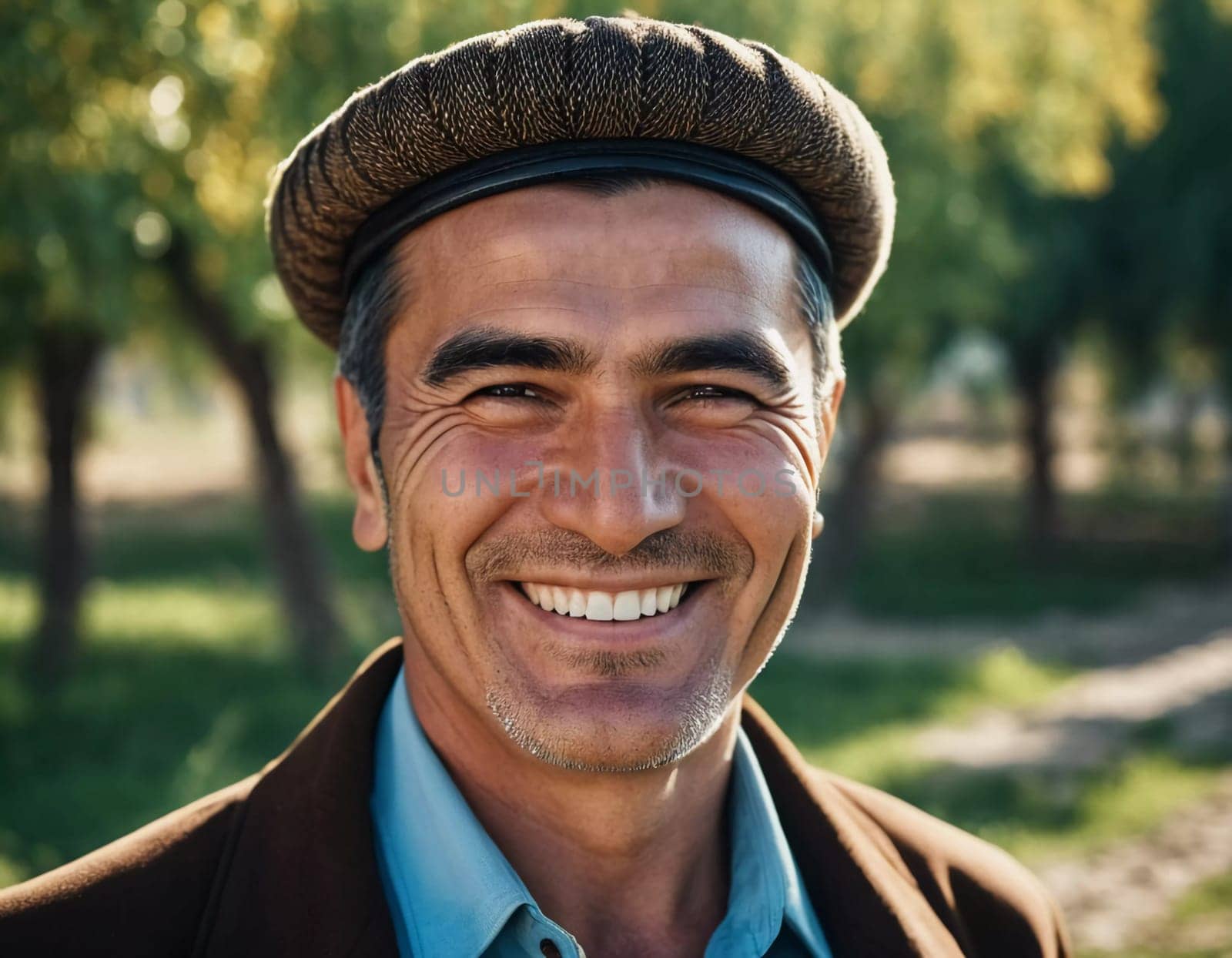 A joyful Tajik man 45 years old dressed in traditional clothing beams with a bright smile against a stunning backdrop, exuding warmth and happiness. A resident of Tajikistan. Generated by AI.