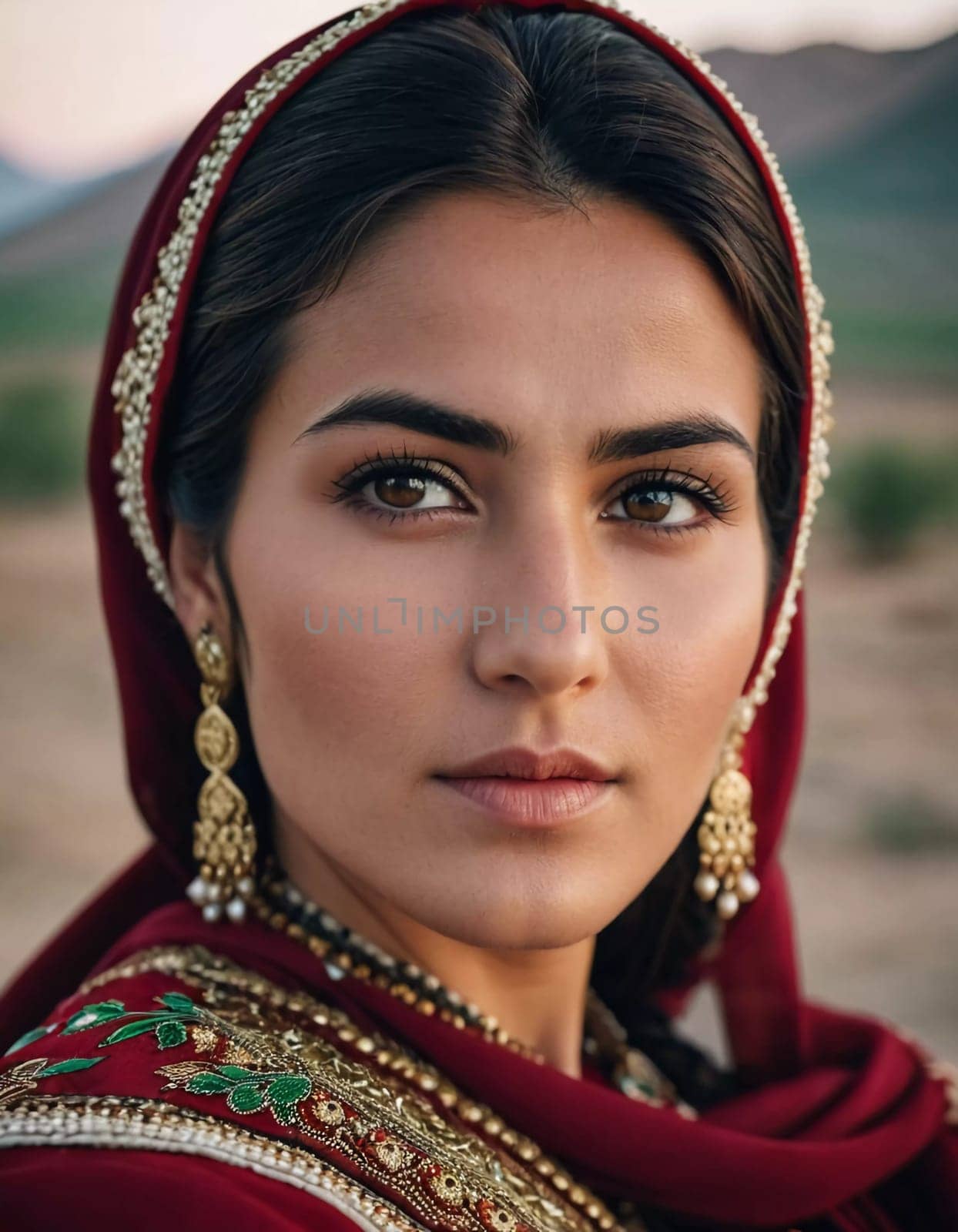 A Tajik woman 30 years old stands gracefully, showcasing her traditional attire against a breathtaking backdrop of mountains and lush green fields, reflecting her cultural roots. Generated by AI.