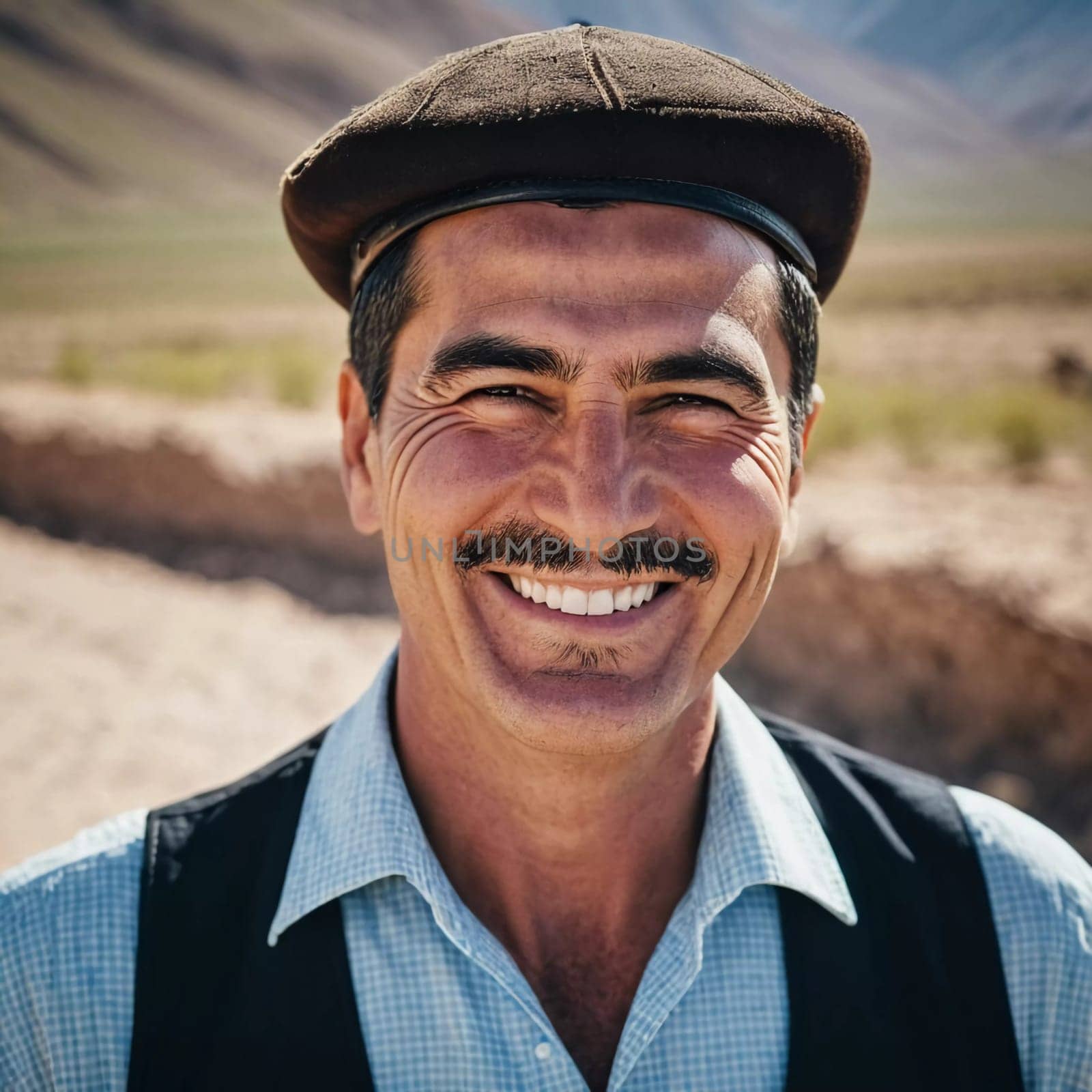 A joyful Tajik man 45 years old dressed in traditional clothing beams with a bright smile against a stunning backdrop, exuding warmth and happiness. A resident of Tajikistan. Generated by AI.