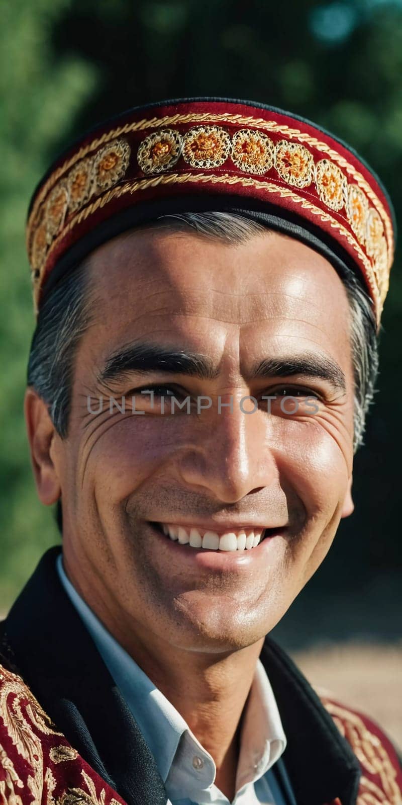 A joyful Tajik man 45 years old dressed in traditional clothing beams with a bright smile against a stunning backdrop, exuding warmth and happiness. A resident of Tajikistan. Generated by AI.