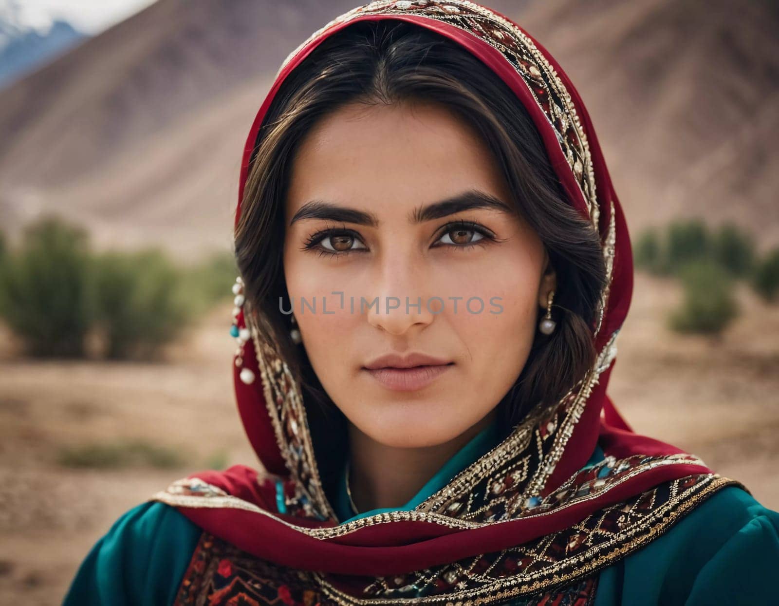 A Tajik woman 30 years old stands gracefully, showcasing her traditional attire against a breathtaking backdrop of mountains and lush green fields, reflecting her cultural roots. Generated by AI.