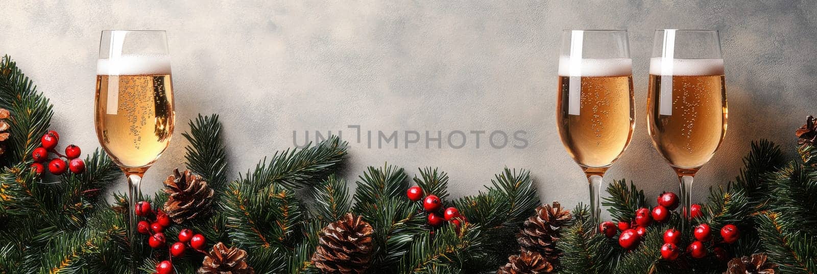 beautiful card with fir tree branches with champagne and garlands for christmas. AI generative.