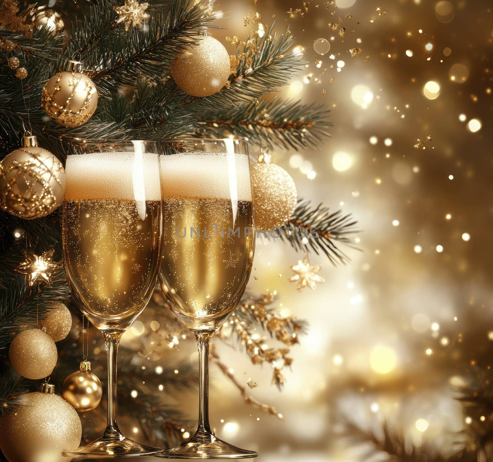 beautiful card with fir tree branches with champagne and garlands for christmas. AI generative.