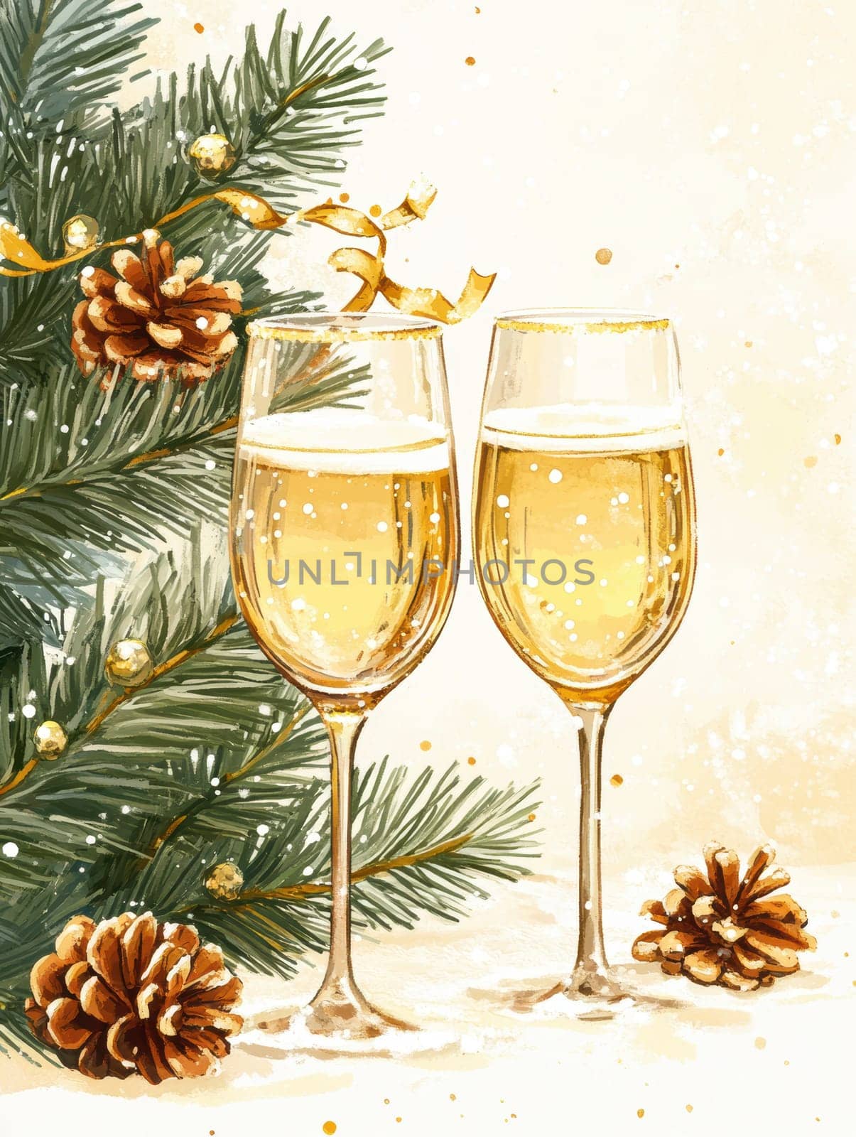 beautiful card with fir tree branches with champagne and garlands for christmas. AI generative.