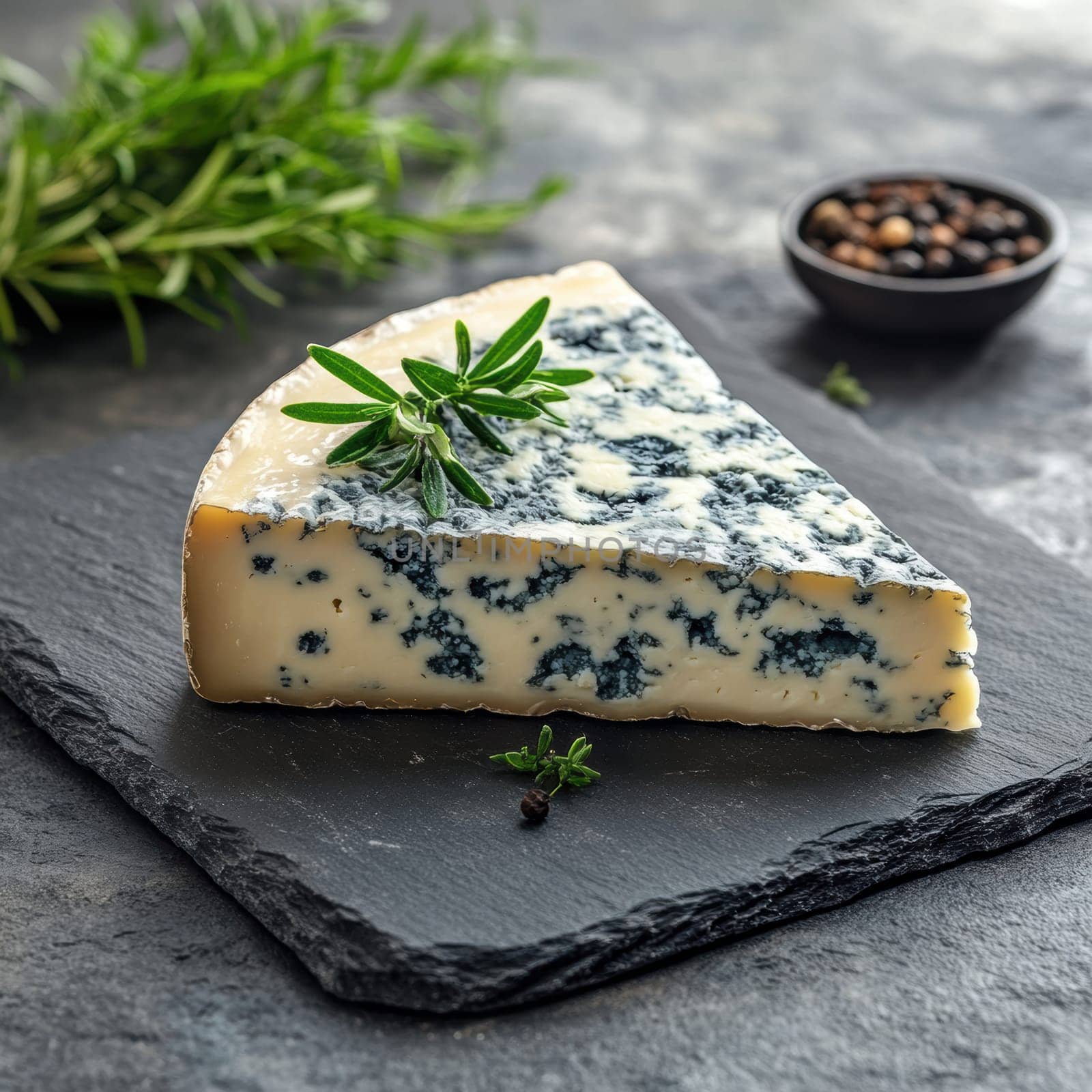 A wedge of blue cheese with visible veins of mold, placed on a slate serving board . AI generative.