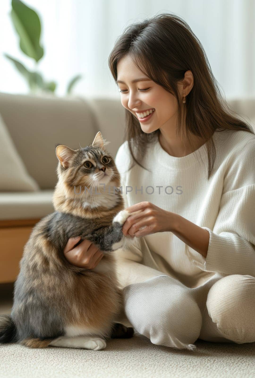 A woman in casual sits on the sofa, holding her cat and smiling at it. Ai generative.
