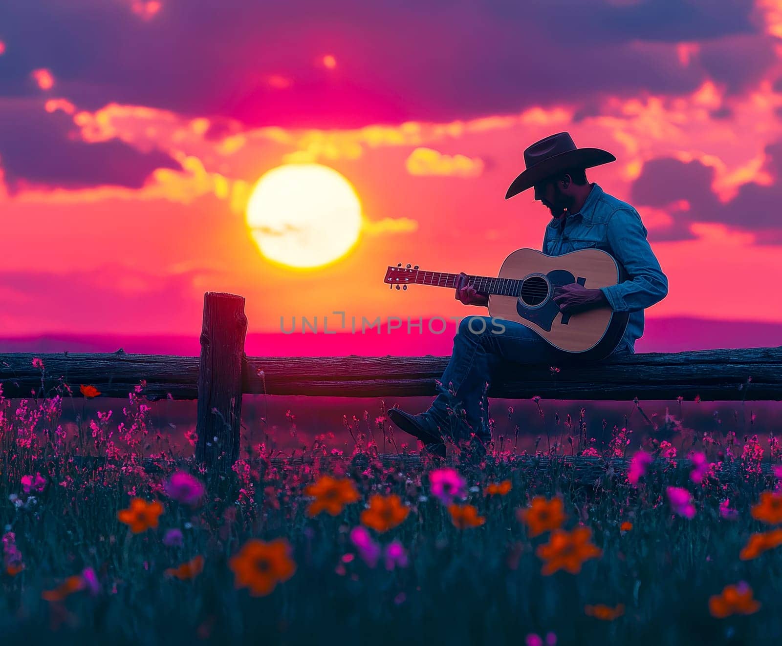A cowboy sitting on a wooden fence, playing an acoustic guitar . AI generative.