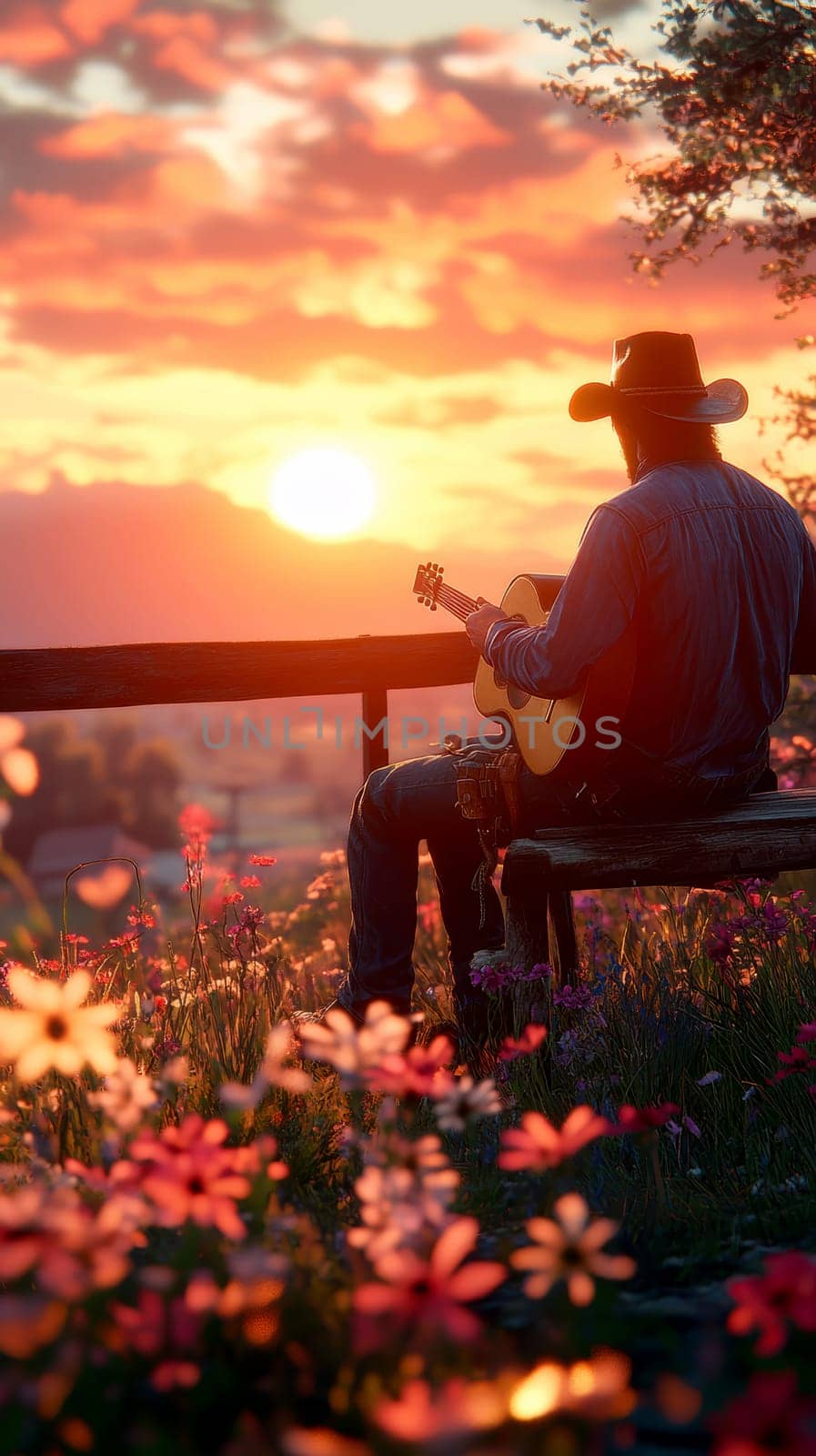 A cowboy sitting on a wooden fence, playing an acoustic guitar . AI generative.