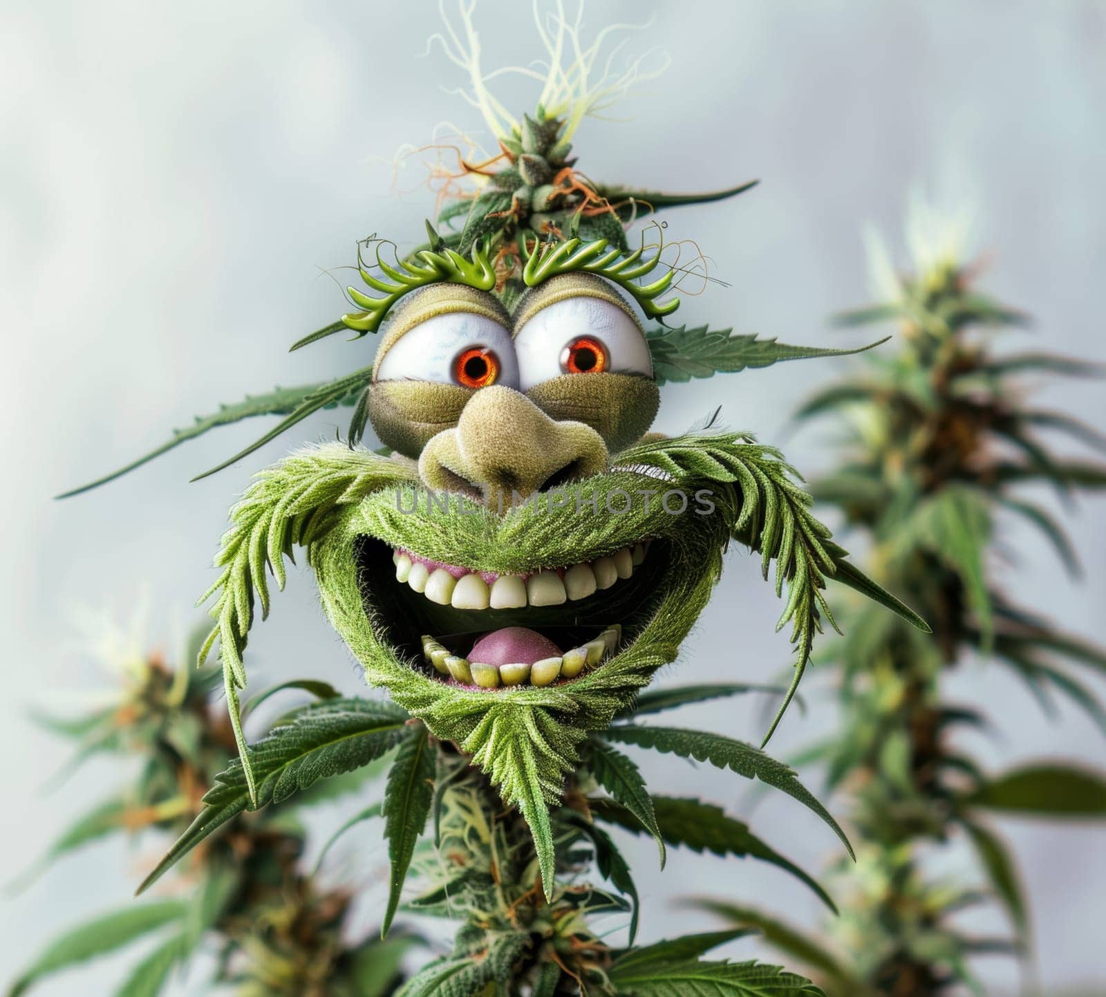 cannibis buds with a happy realistic face on a cannibis plant . AI generative.