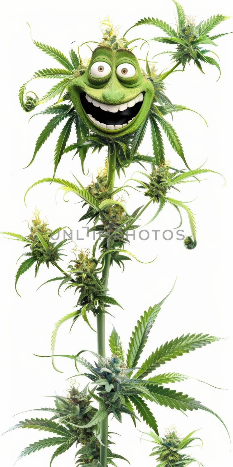 cannibis buds with a happy realistic face on a cannibis plant . AI generative.