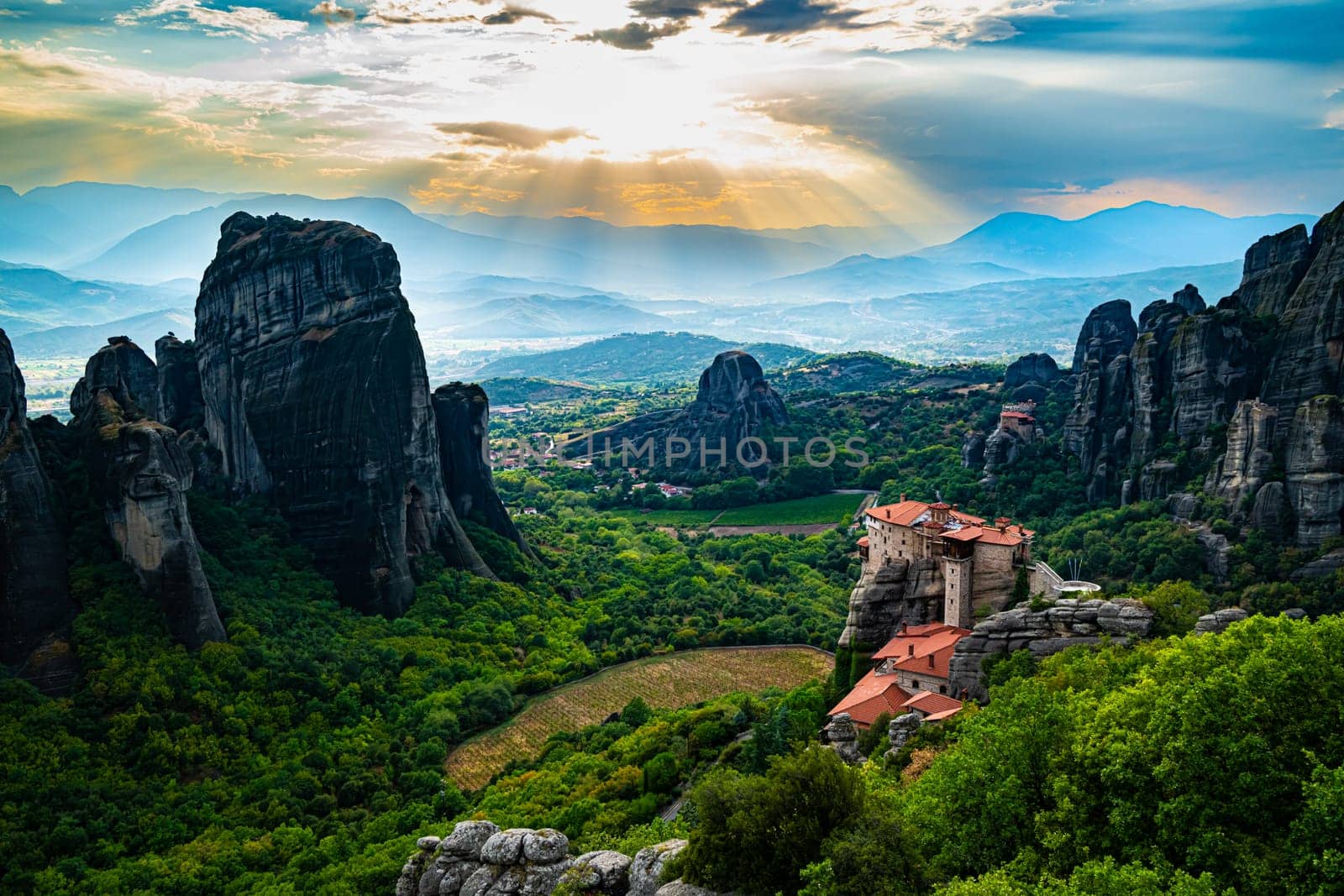 View of Meteora with Eastern Orthodox monasteries, a rock formation in the regional unit of Trikala, in Thessaly, in northwestern Greece, UNESCO World Heritage Site