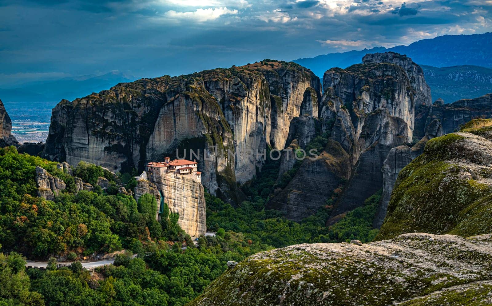 View of Meteora with Eastern Orthodox monasteries, a rock formation in the regional unit of Trikala, in Thessaly, in northwestern Greece, UNESCO World Heritage Site