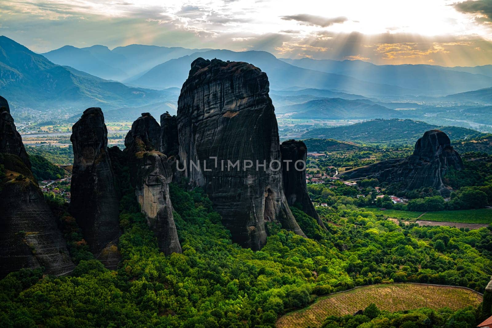 View of Meteora with Eastern Orthodox monasteries, a rock formation in the regional unit of Trikala, in Thessaly, in northwestern Greece, UNESCO World Heritage Site