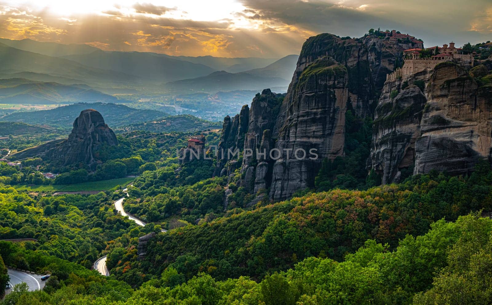 View of Meteora with Eastern Orthodox monasteries, a rock formation in the regional unit of Trikala, in Thessaly, in northwestern Greece, UNESCO World Heritage Site