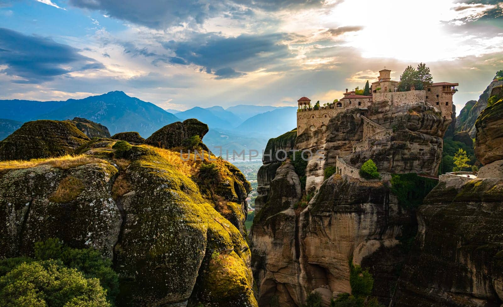 View of Meteora with Eastern Orthodox monasteries, a rock formation in the regional unit of Trikala, in Thessaly, in northwestern Greece, UNESCO World Heritage Site