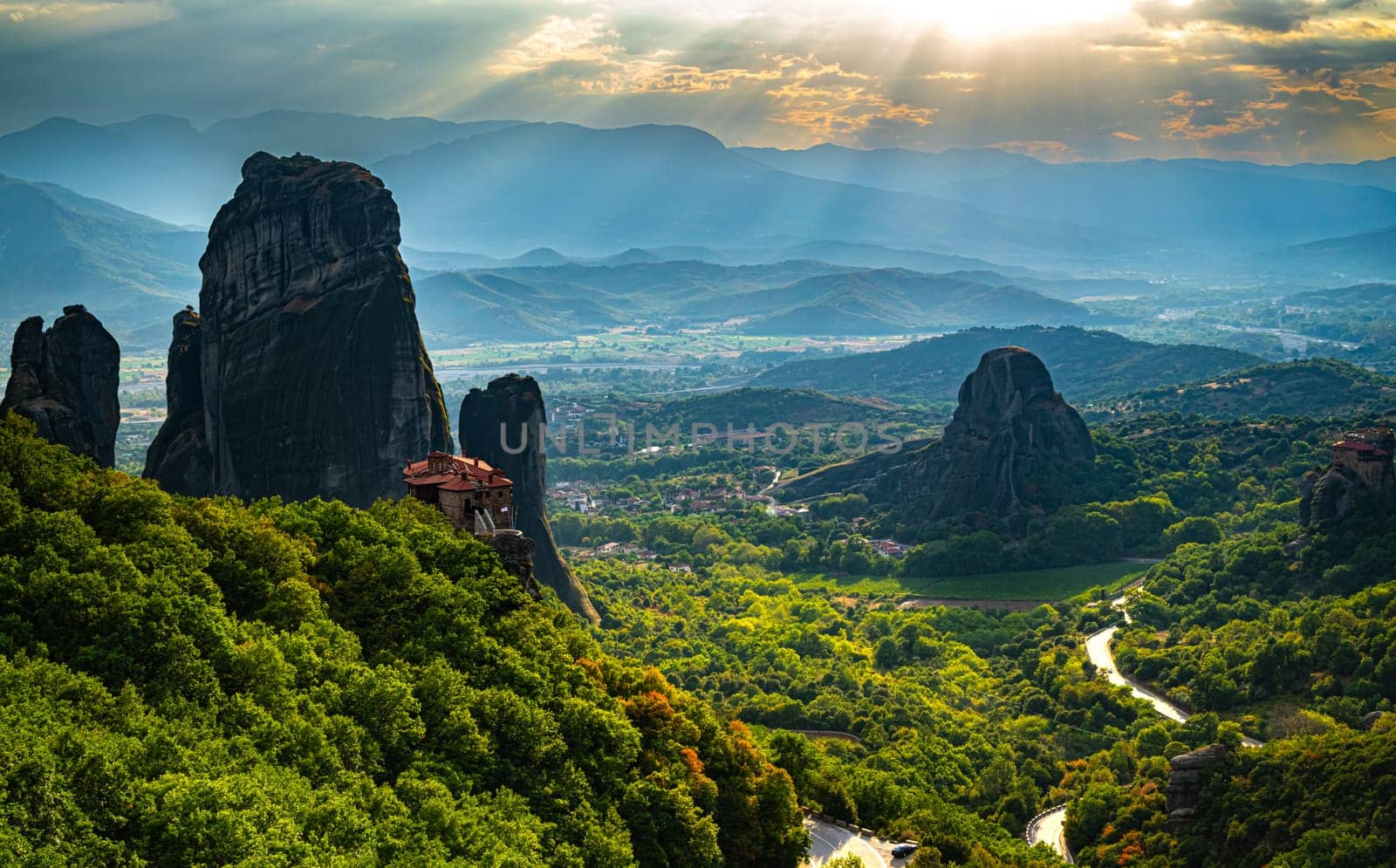 View of Meteora with Eastern Orthodox monasteries, a rock formation in the regional unit of Trikala, in Thessaly, in northwestern Greece, UNESCO World Heritage Site