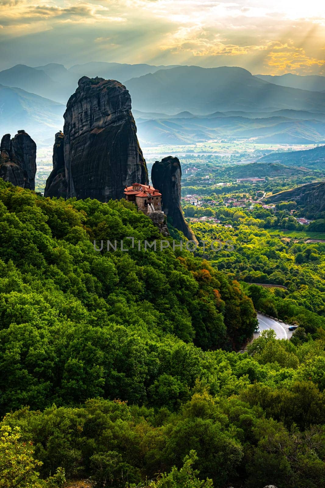 View of Meteora with Eastern Orthodox monasteries, a rock formation in the regional unit of Trikala, in Thessaly, in northwestern Greece, UNESCO World Heritage Site
