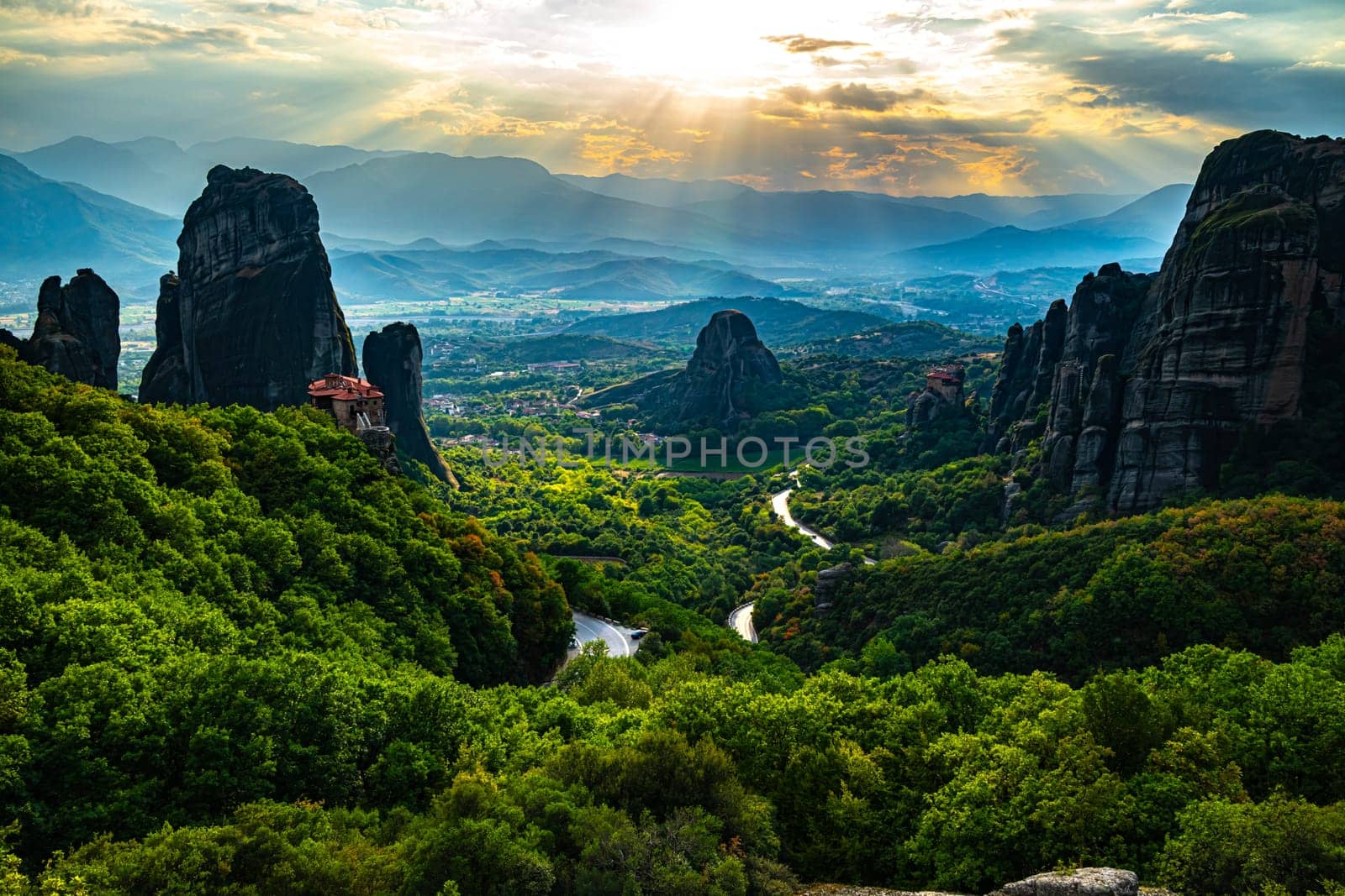 View of Meteora with Eastern Orthodox monasteries, a rock formation in the regional unit of Trikala, in Thessaly, in northwestern Greece, UNESCO World Heritage Site