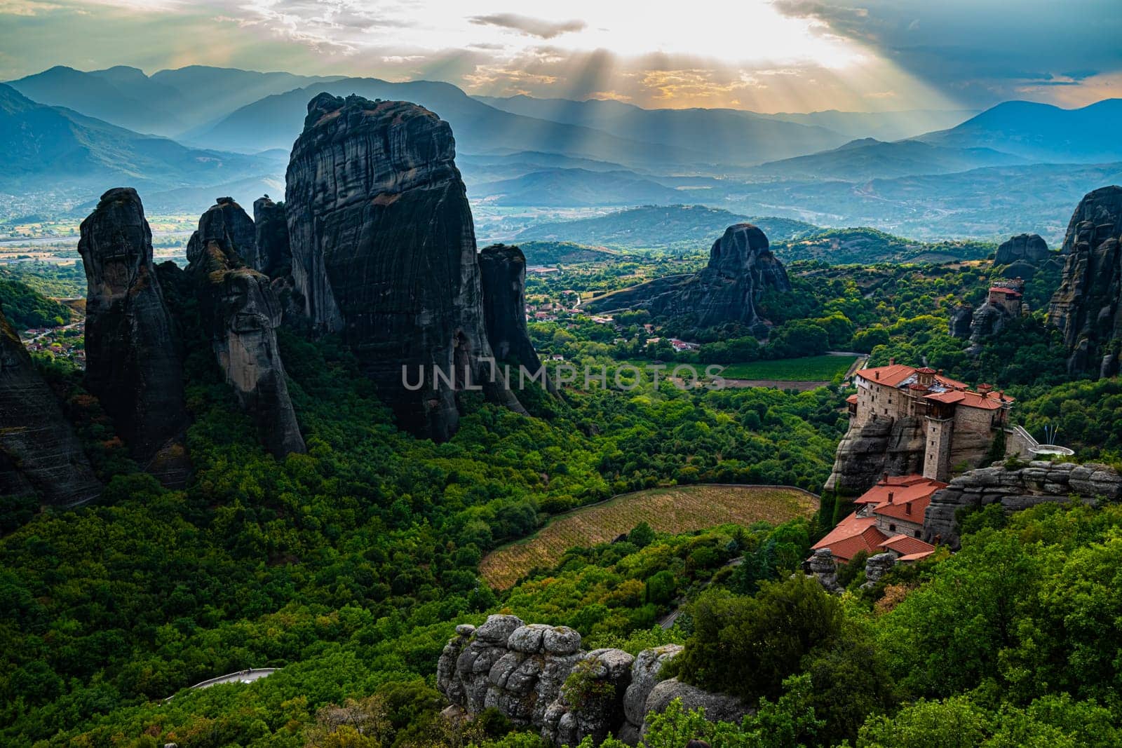 View of Meteora with Eastern Orthodox monasteries, a rock formation in the regional unit of Trikala, in Thessaly, in northwestern Greece, UNESCO World Heritage Site