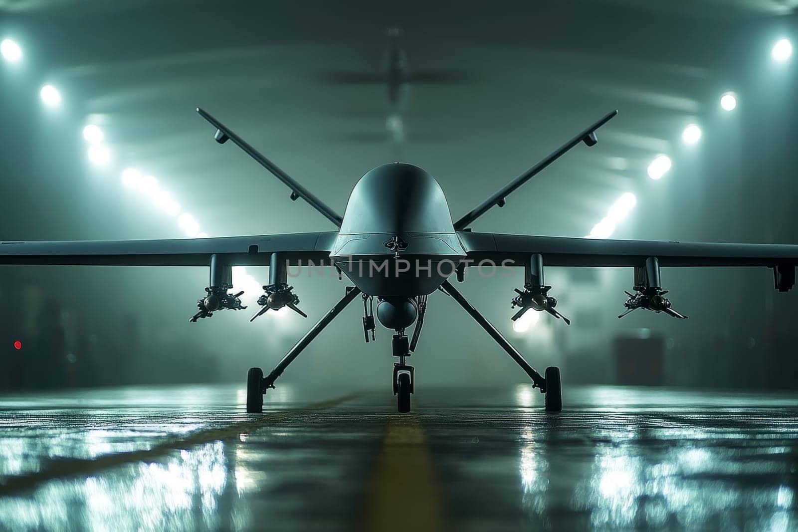 Silhouette of a modern military drone. AI generative.