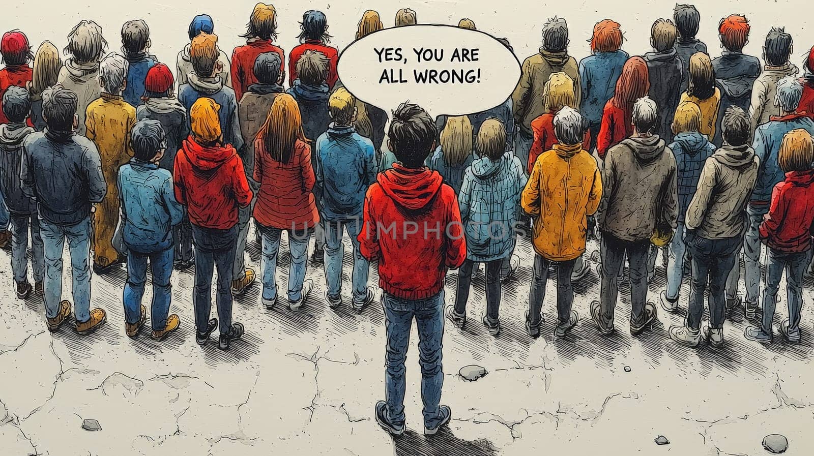 This vibrant cartoon depicts a diverse crowd fixated on a single figure at the forefront, confidently proclaiming, "YES, YOU ARE ALL WRONG!"" The illustration captures the essence of dissent and the courage to challenge prevailing opinions. With expressive characters and dynamic composition, it serves as a powerful commentary on the nature of belief and the importance of individual perspectives in political discourse."
