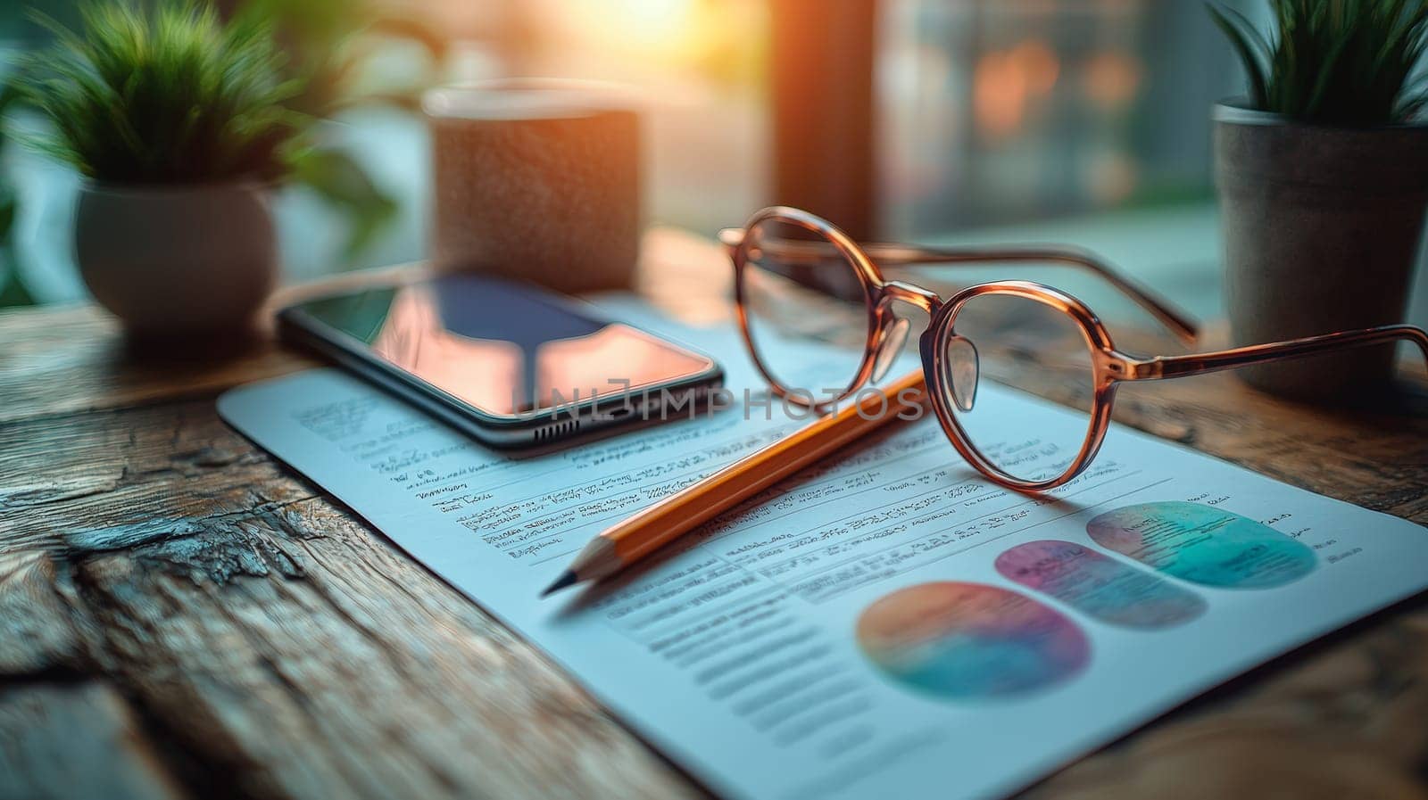 A well-organized workspace featuring a pencil, a blank sheet of paper, a pair of glasses, and a smartphone arranged on a wooden table. This scene reflects productivity and focus, combining traditional and modern tools for creativity, planning, or study.