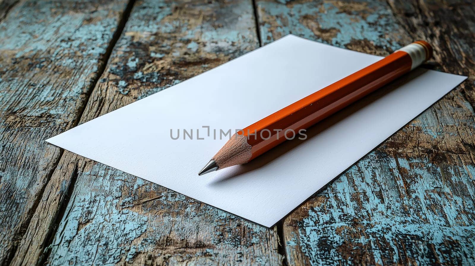 A simple yet evocative scene of a pencil resting beside a blank white sheet of paper on a wooden table. This minimalist setup symbolizes creativity, inspiration, and the endless possibilities that arise from a blank page, ready for ideas to be brought to life.