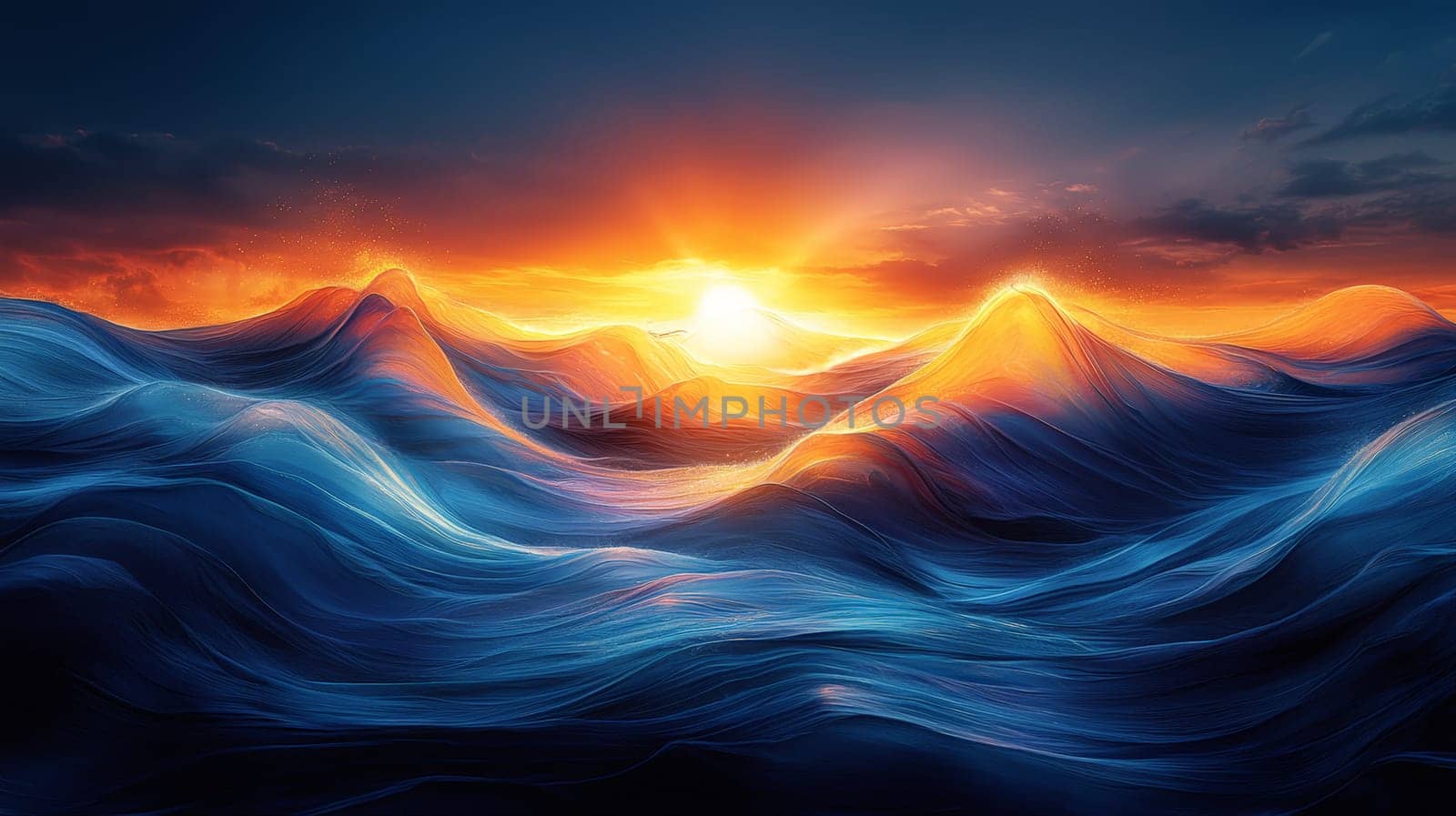 An abstract depiction of a sunrise as experienced through senses beyond sight, imagining how warmth and the promise of a new day guide the vision. The sun is portrayed as a wave of glowing warmth, blending soft blues, oranges, and yellows. The horizon exudes a tactile essence, representing the sensations of morning air and the sound of awakening birds. The light expands, radiating calm, hope, and renewal, evoking a world felt more than seen.
