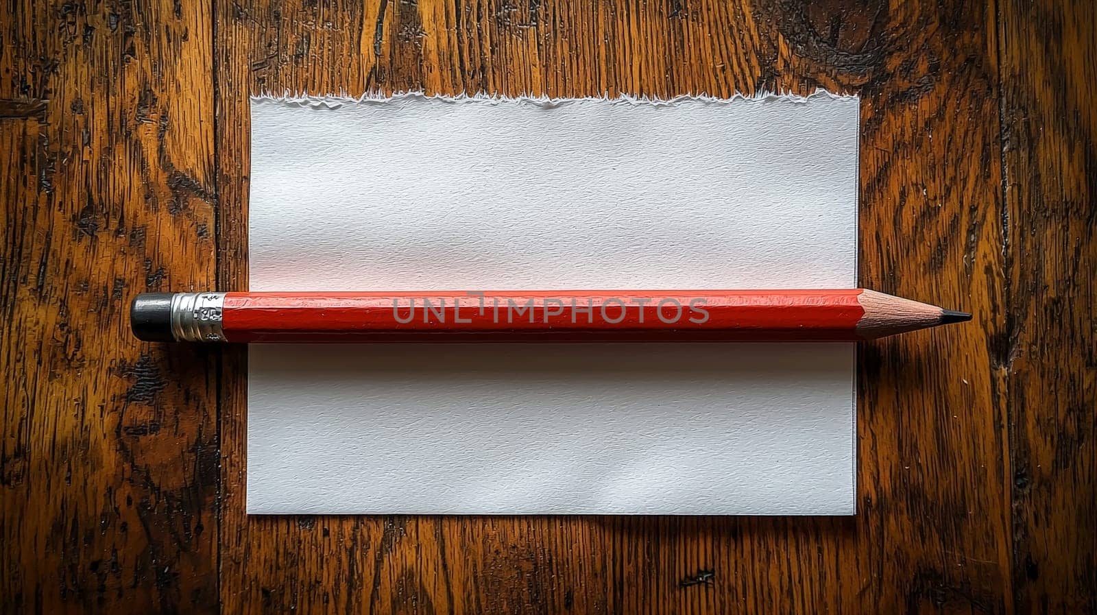 A simple yet evocative scene of a pencil resting beside a blank white sheet of paper on a wooden table. This minimalist setup symbolizes creativity, inspiration, and the endless possibilities that arise from a blank page, ready for ideas to be brought to life.