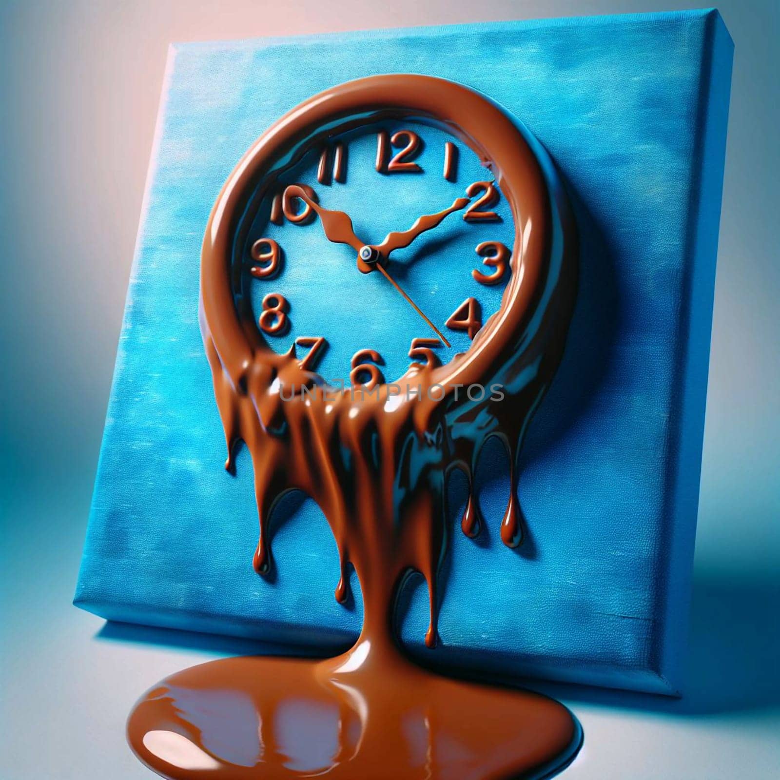 A clock made of melting chocolate, dripping down a blue canvas. A high-quality AI-generated photo.