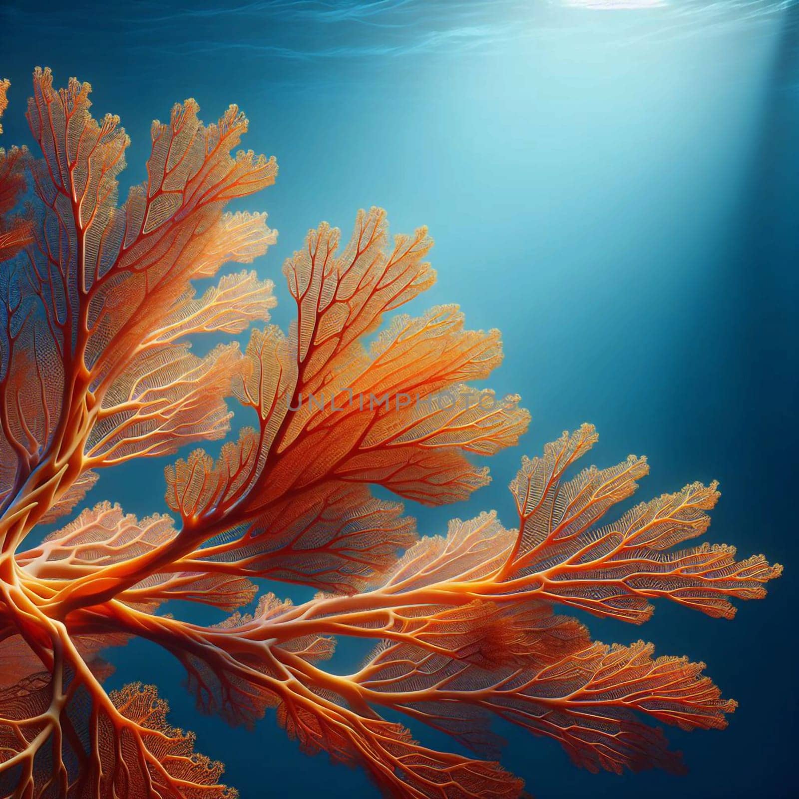 A close-up of a red sea fan coral in the ocean. A high-quality AI-generated photo.