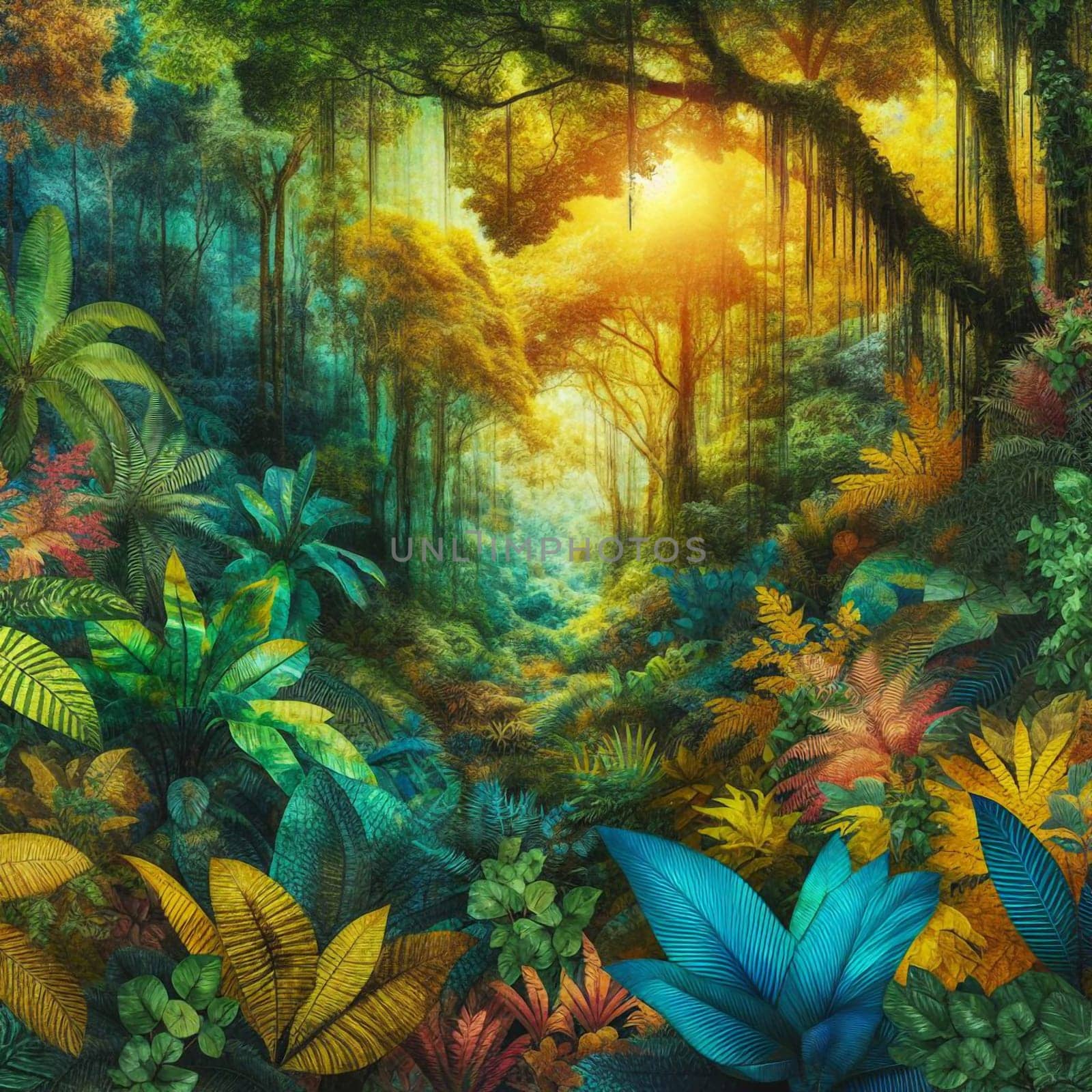 A lush, vibrant jungle scene with sunlight streaming through the dense foliage. A high-quality AI-generated photo.