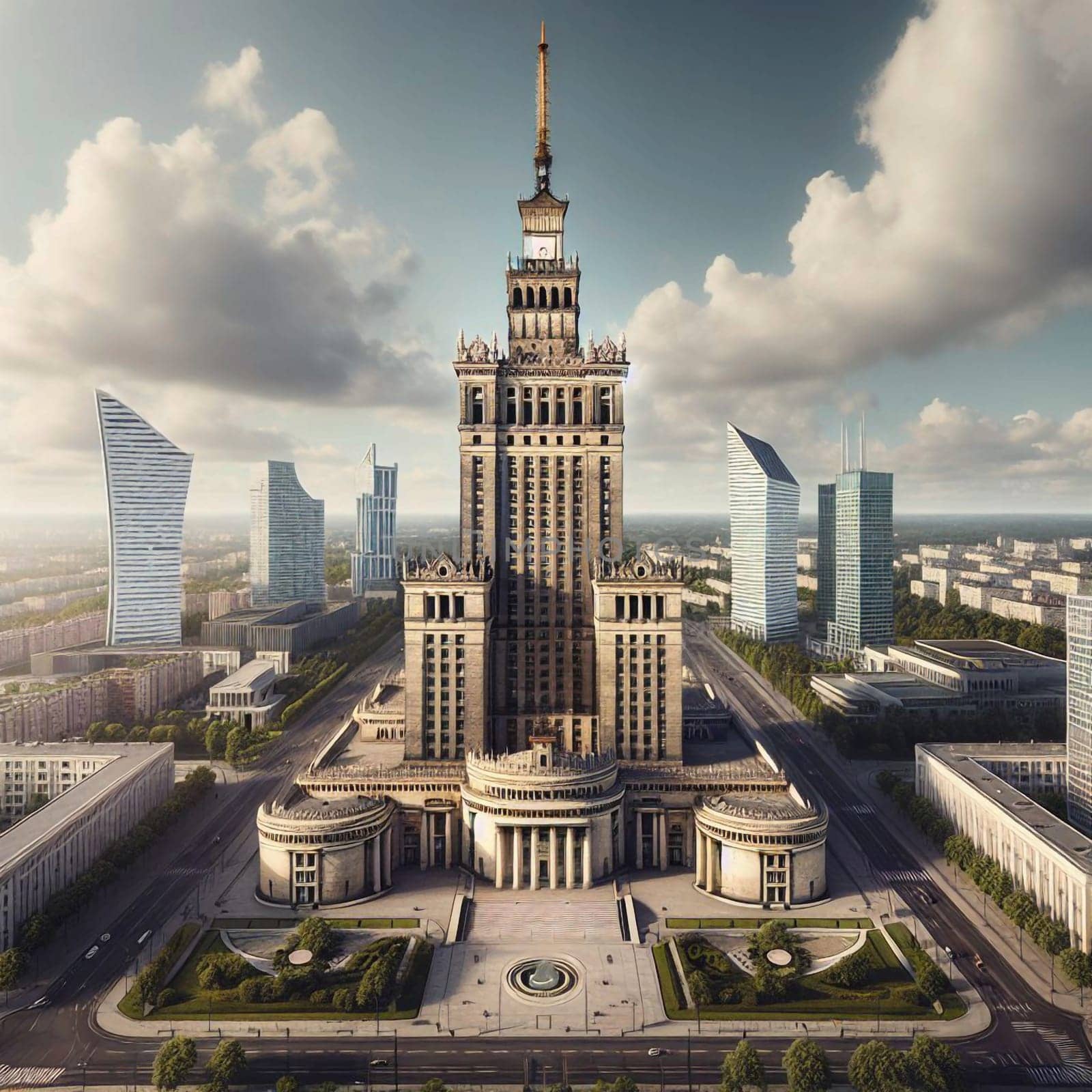 An aerial view of the Palace of Culture and Science in Warsaw, Poland, surrounded by modern skyscrapers. A high-quality AI-generated photo.
