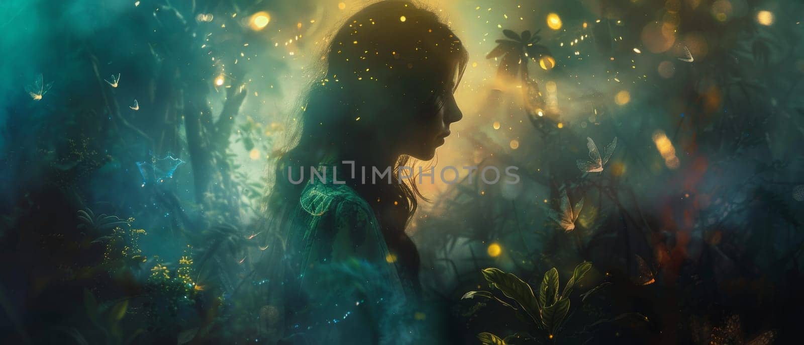 In this enigmatic image, a woman's silhouette merges with a forest backdrop, highlighted by specks of light suggesting a supernatural presence. The fusion of figure and nature evokes a sense of deep