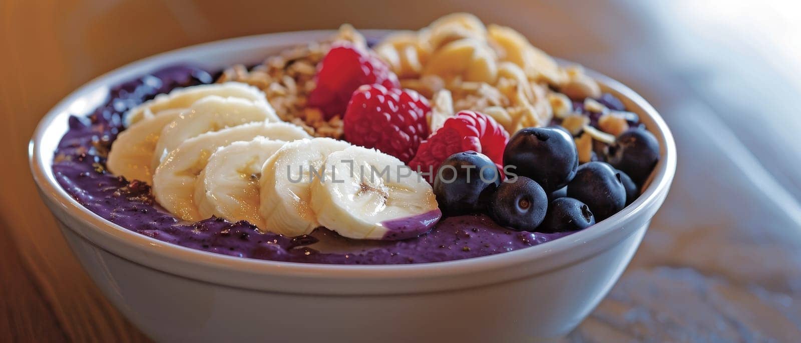 A vibrant acai bowl topped with fresh blueberries, sliced strawberries, banana, and granola, served in a clear bowl