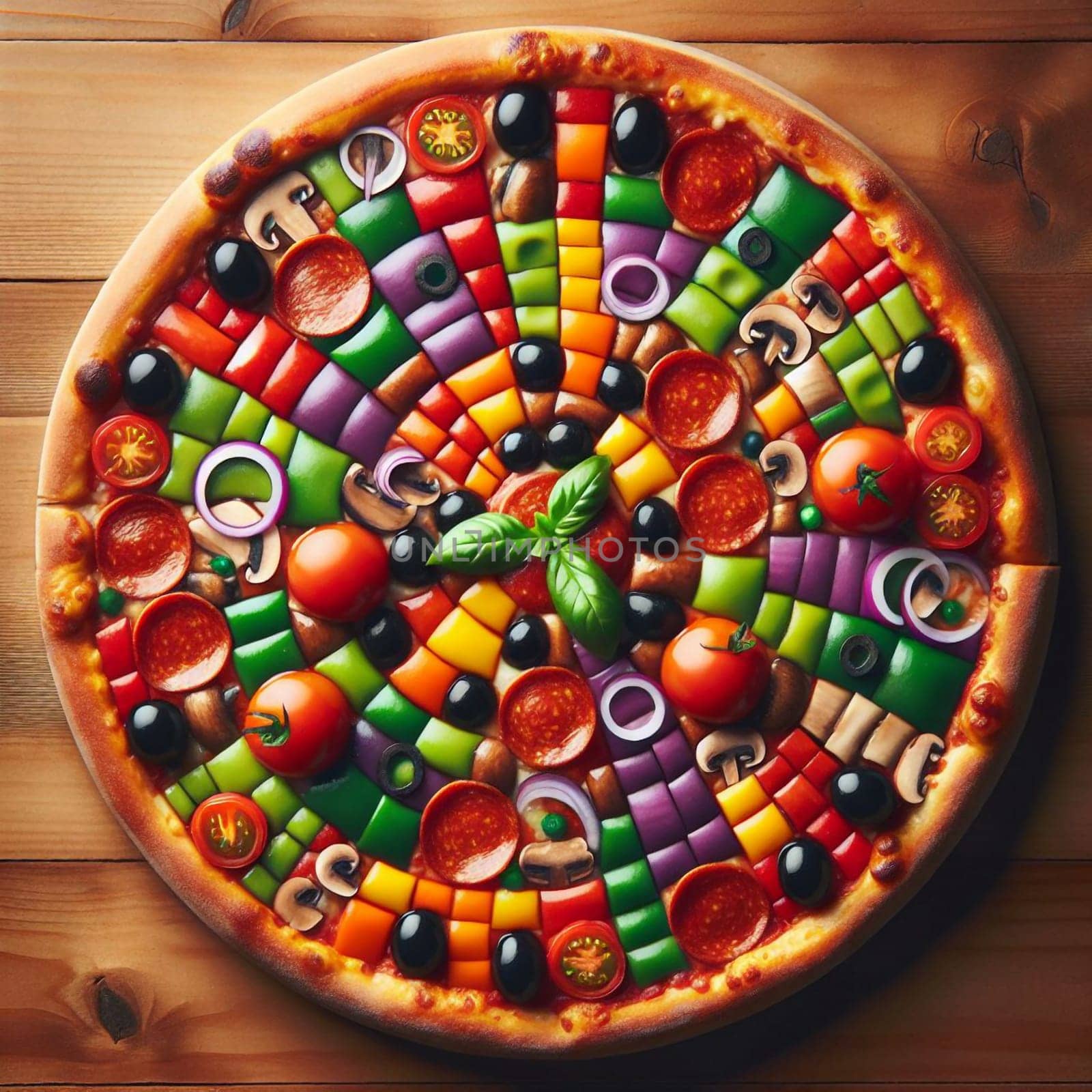 A colorful pizza with toppings arranged in a mosaic pattern, representing a playful and creative approach to food. A high-quality AI-generated photo.