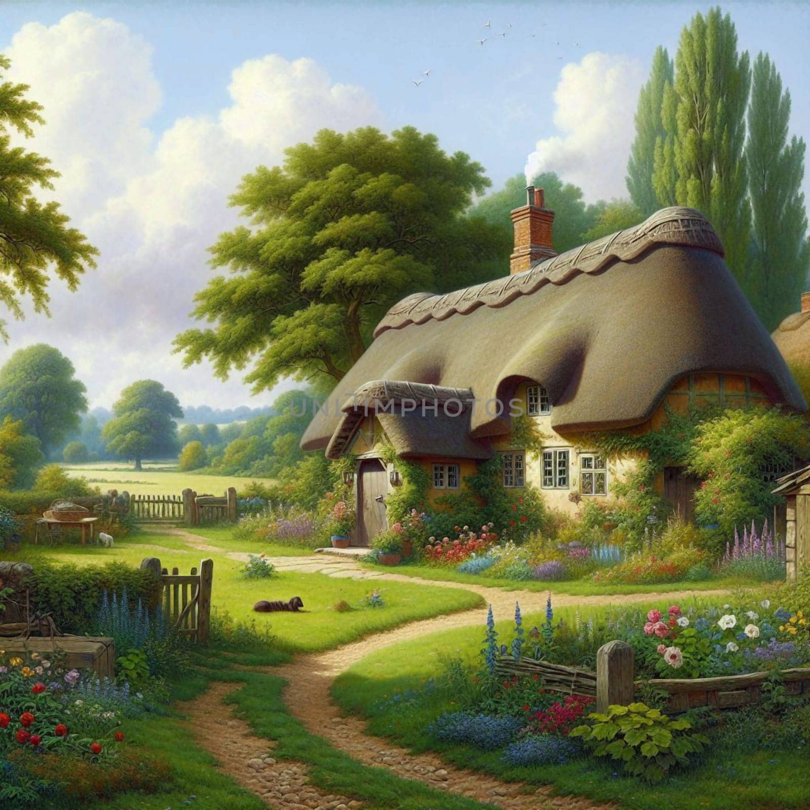 A quaint cottage with a thatched roof, surrounded by a lush garden filled with colorful flowers. The cottage is situated in a tranquil countryside setting, with a path leading up to the front door. A high-quality AI-generated photo.