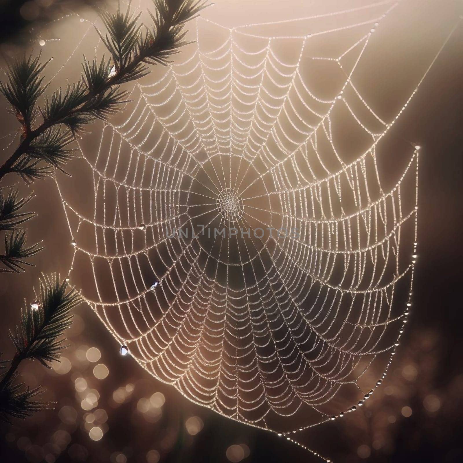 A close-up of a spider web covered in morning dew, capturing the intricate details of the web and the glistening droplets. The image evokes a sense of natural detail. An AI-generated photo.