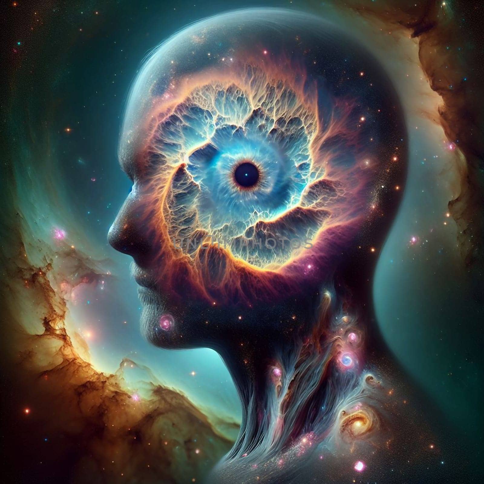An abstract image of a human face with a swirling galaxy inside the head, suggesting the connection between the mind and the universe. A high-quality AI-generated photo.