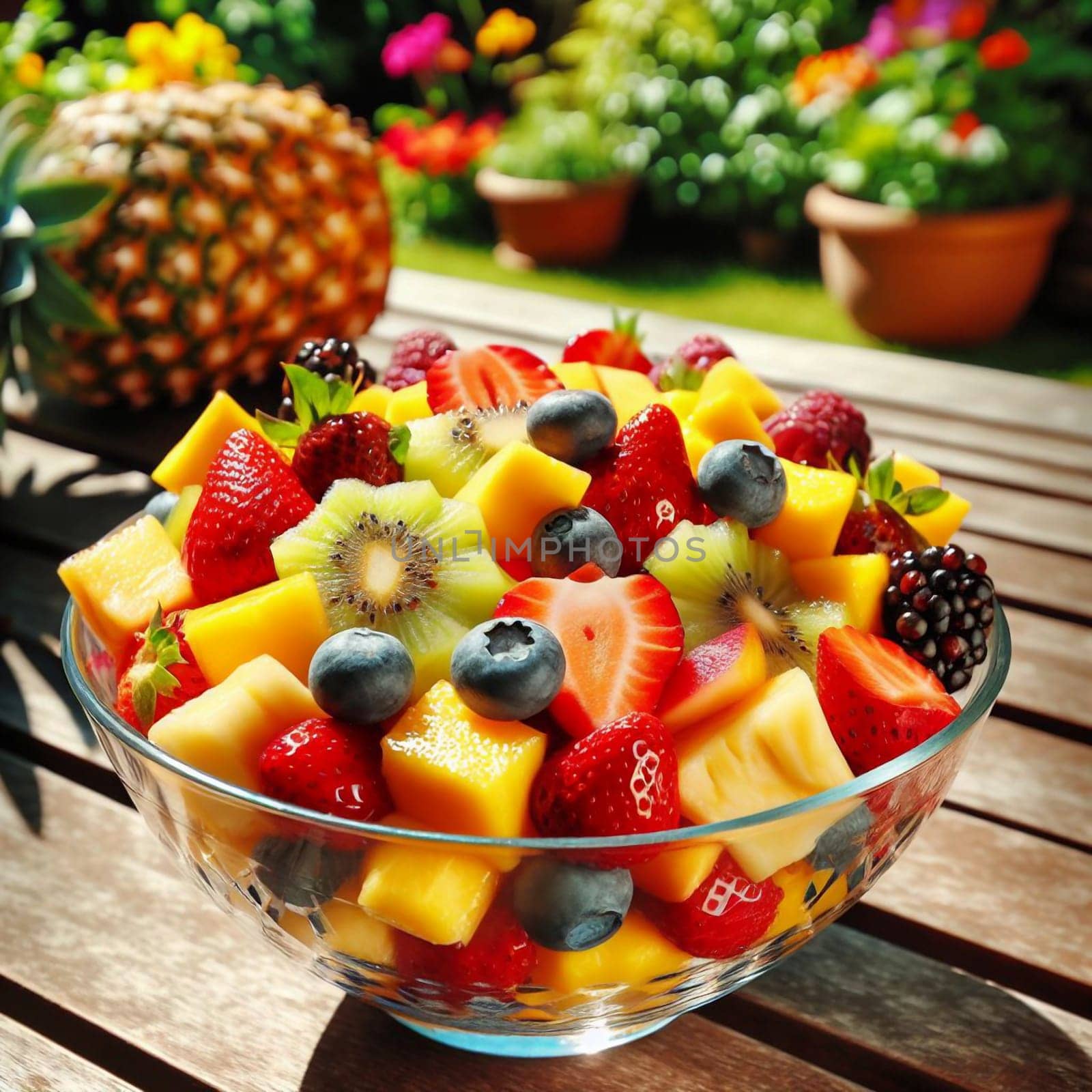 A bowl of fresh fruit salad, featuring a mix of mango, pineapple, strawberry, kiwi, and blueberries. The salad is placed on a wooden table with a blurred background of a sunny garden. A high-quality AI-generated photo.